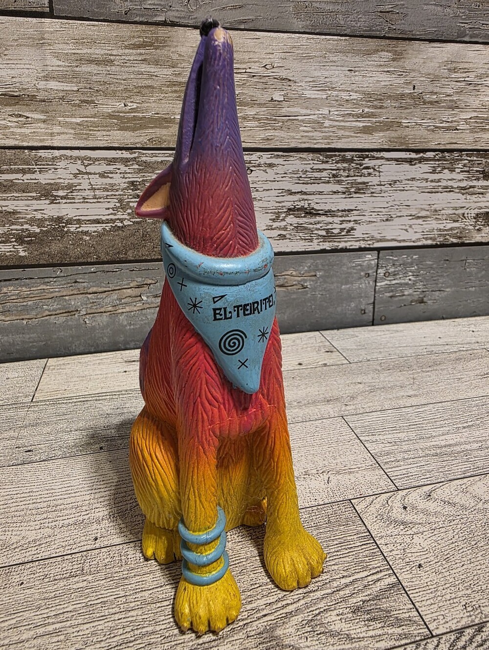 Vintage Colorful Howling Dog Statue with Blue Bandana